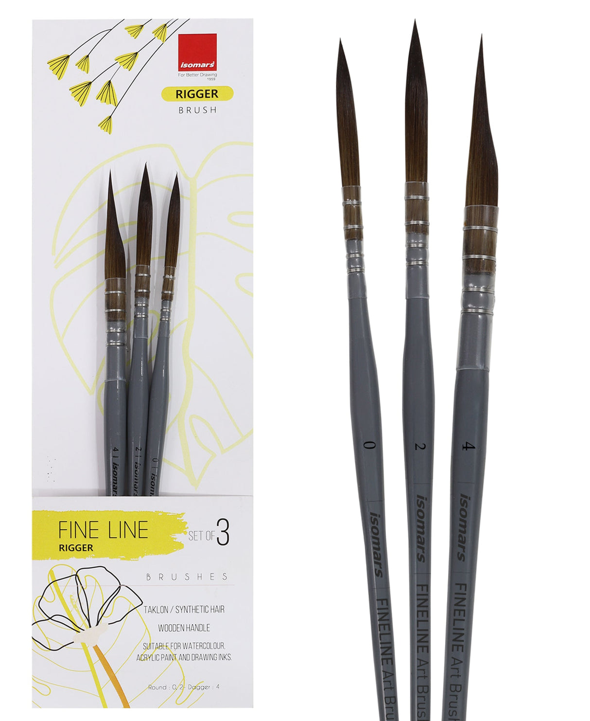 Isomars Fineline Rigger Brush Set of 3 for Watercolor & Long Stroke Painting - Isomars