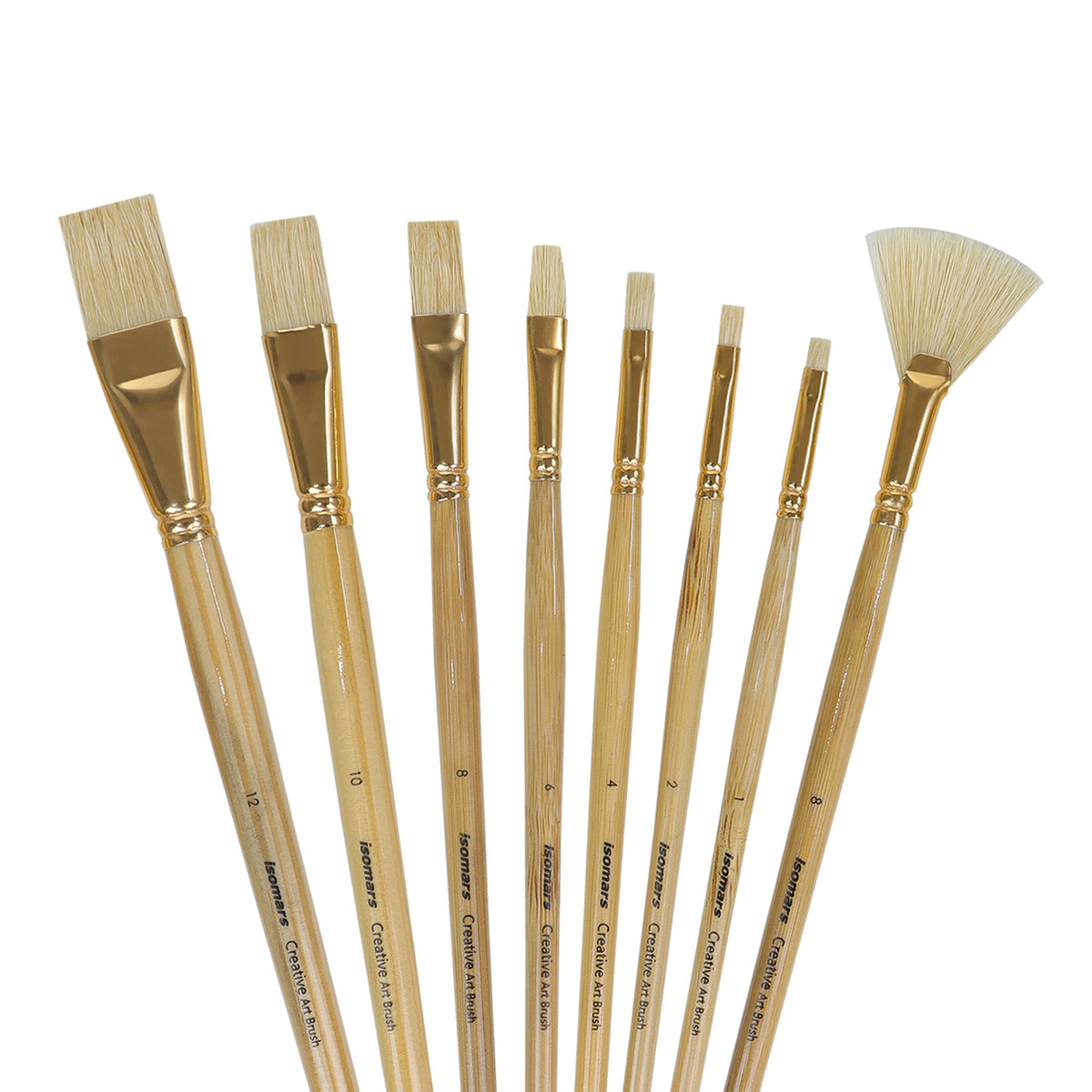 Isomars Flat Hog Hair Paint Brush Set of 8 with Fan Brush – Professional Long Handle Artist Brushes for Oil, Acrylic & Canvas Painting | Natural Bristles for Smooth, Even Strokes - Isomars