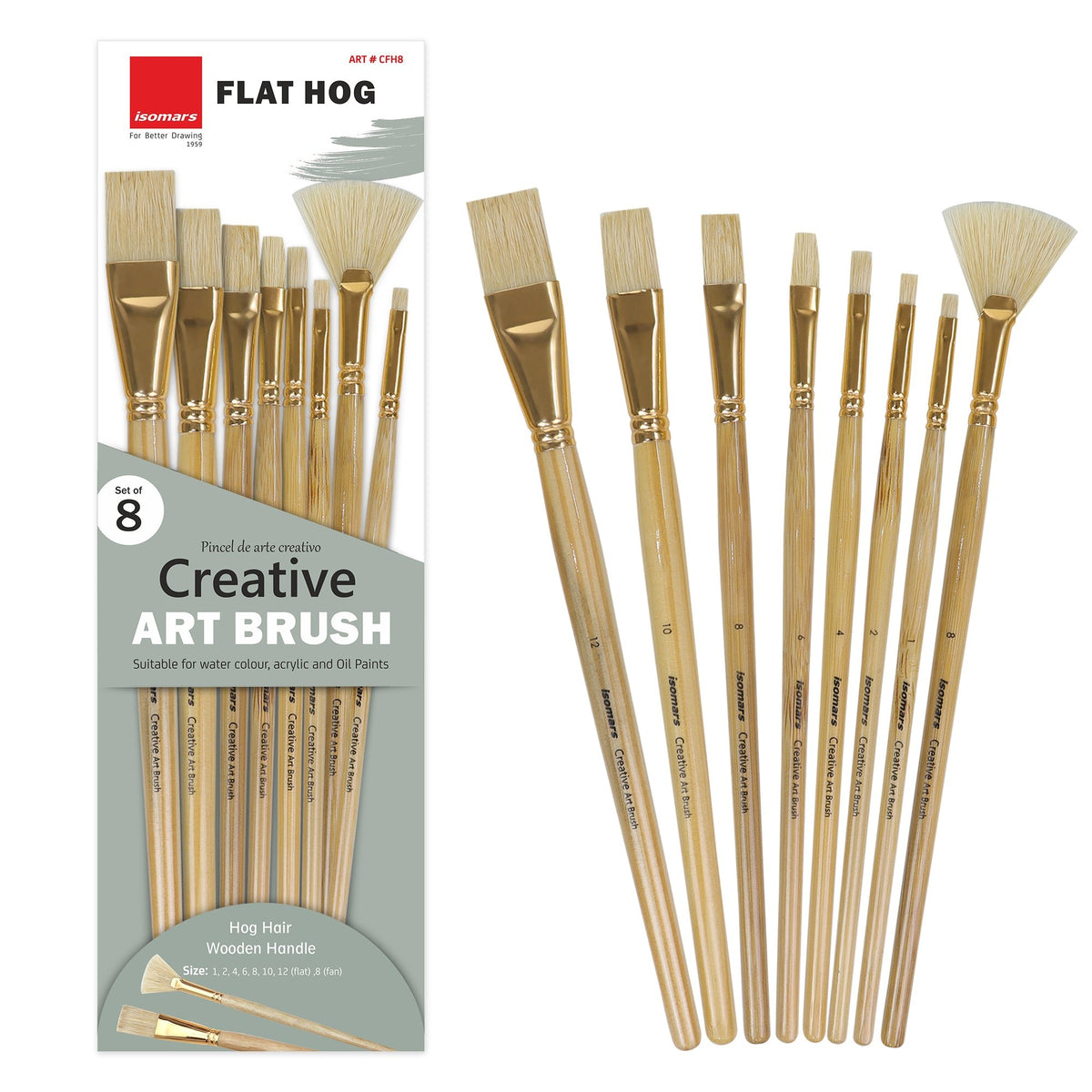 Isomars Flat Hog Hair Paint Brush Set of 8 with Fan Brush – Professional Long Handle Artist Brushes for Oil, Acrylic & Canvas Painting | Natural Bristles for Smooth, Even Strokes - Isomars