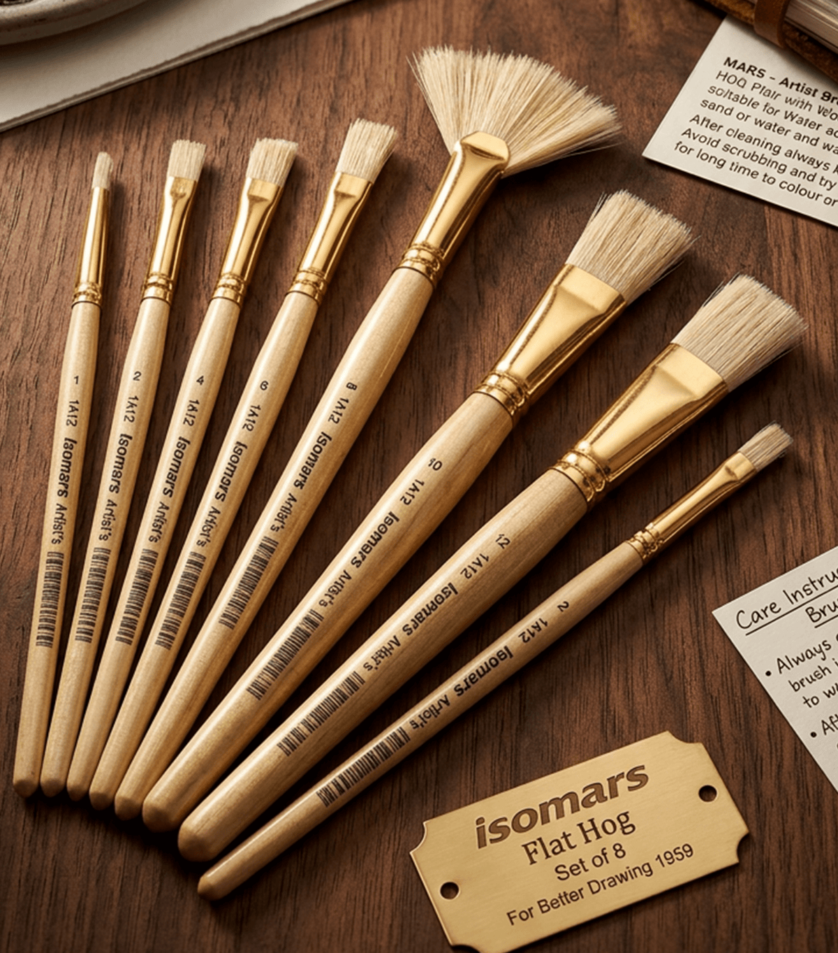 Isomars Flat Hog Hair Paint Brush Set of 8 with Fan Brush – Professional Long Handle Artist Brushes for Oil, Acrylic & Canvas Painting | Natural Bristles for Smooth, Even Strokes - Isomars