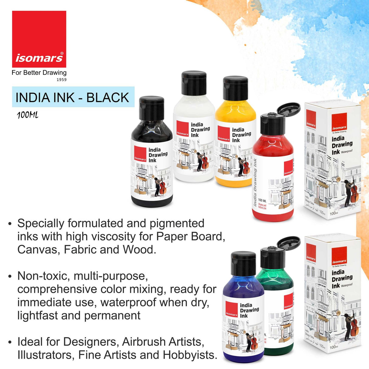 Isomars India Waterproof Drawing Ink, 100ml x 6 Colours, Fadeproof, Non-Toxic, Professional Art Supplies - Isomars
