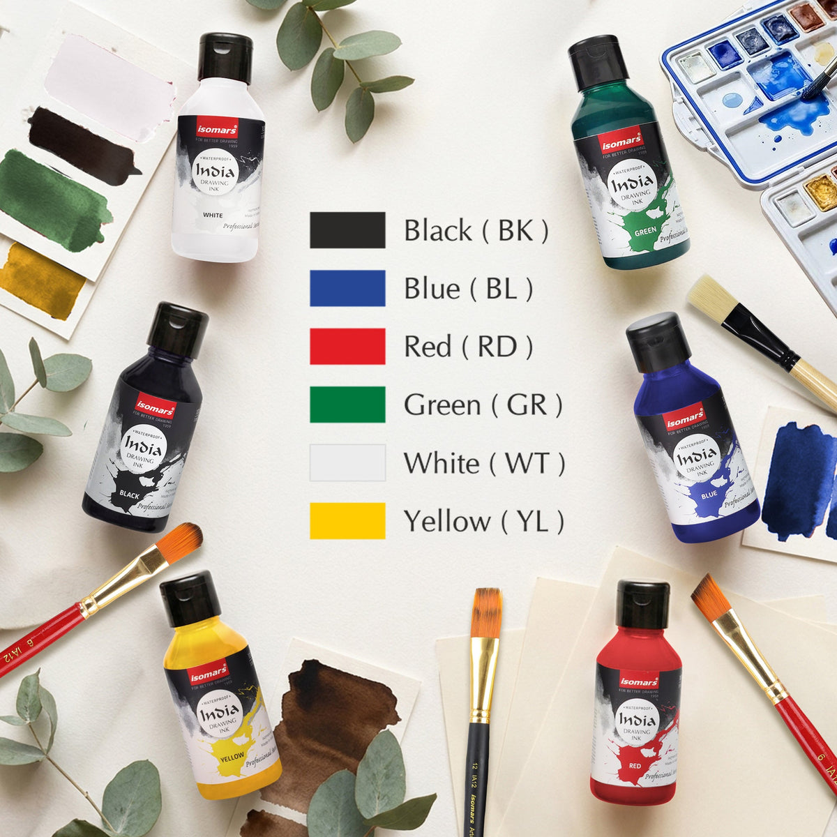 Isomars India Waterproof Drawing Ink, 100ml x 6 Colours, Fadeproof, Non-Toxic, Professional Art Supplies - Isomars