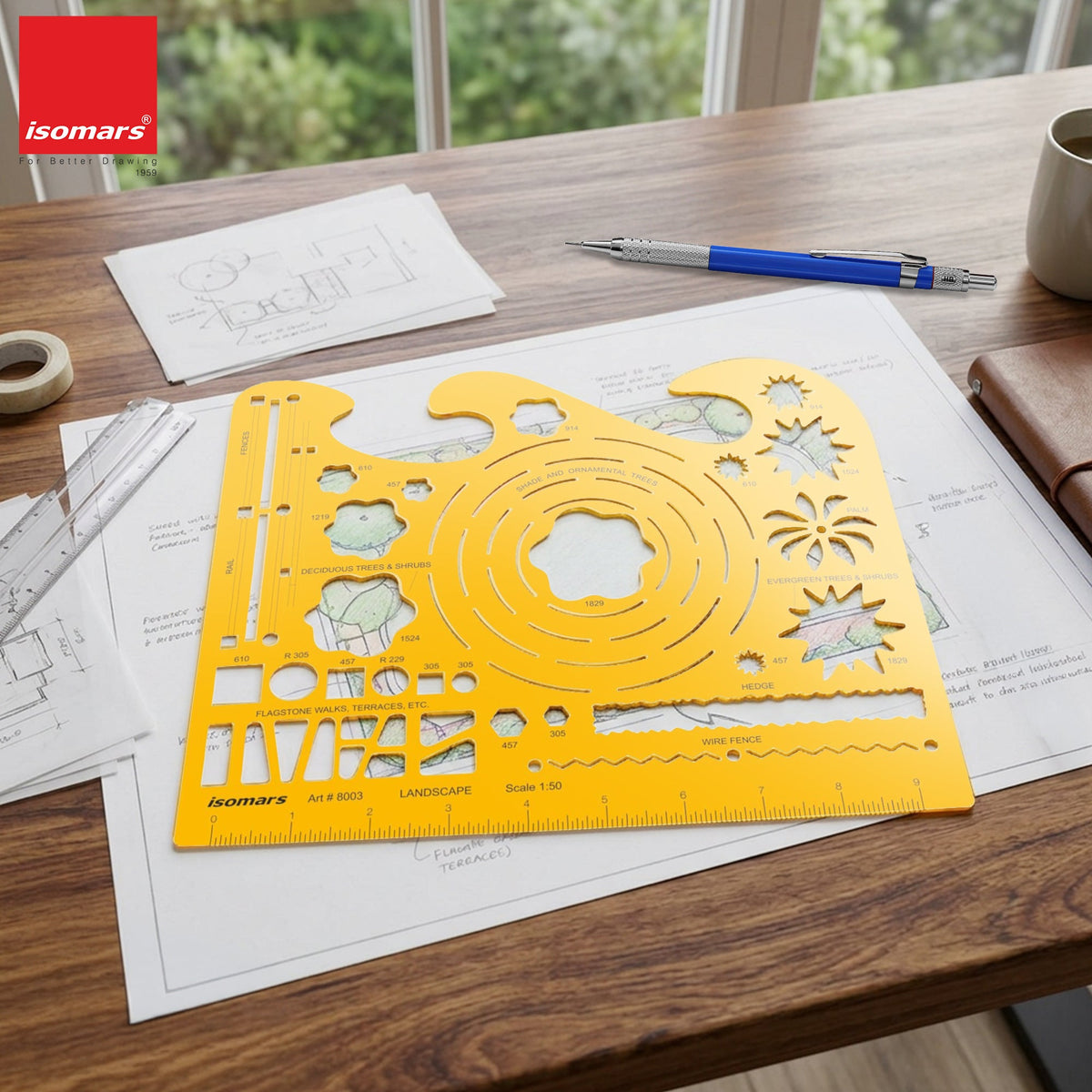 Isomars Landscape Design Template Stencil Scale 1:50 for Drafting - Isomars