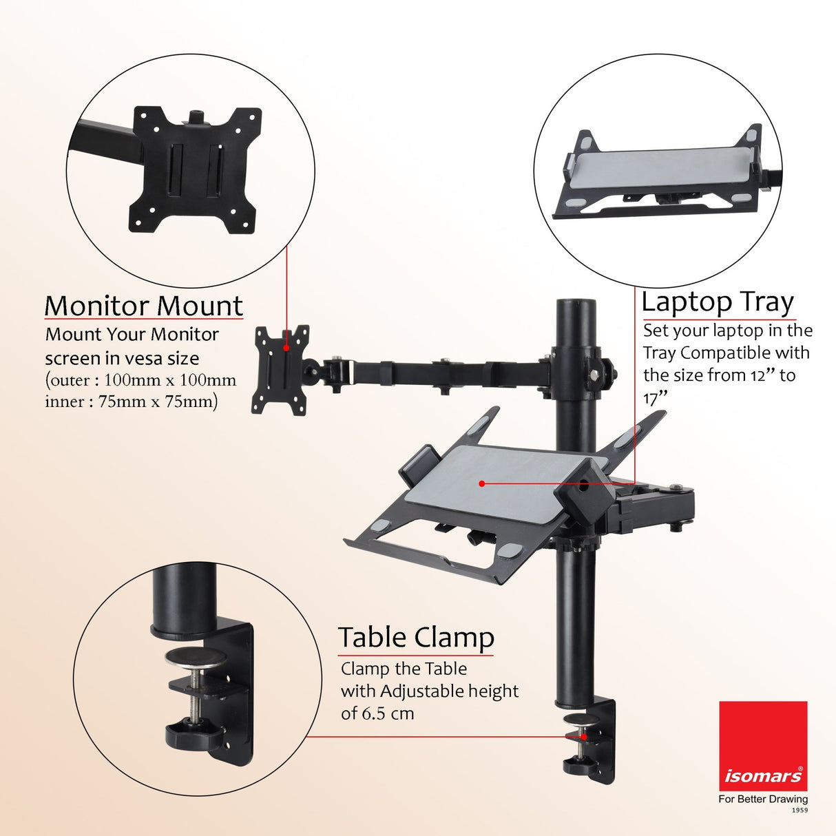 Isomars Laptop and Monitor Table Stand - Adjustable Height & Angles and Sides (Laptop & Monitor Mount) - Isomars