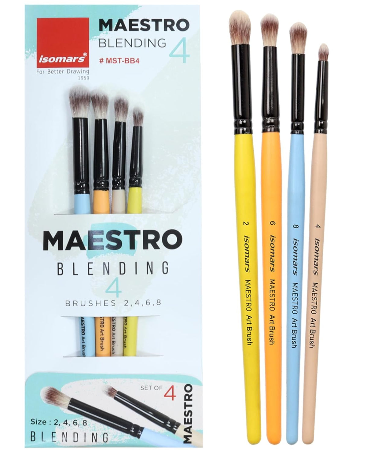 Isomars Maestro Blending Brush Set of 4 - Professional Round Artist Brushes for Soft Blending, Shading and Transitions - Colorful Wooden Handles - Sizes 2, 4, 6, 8 - Isomars