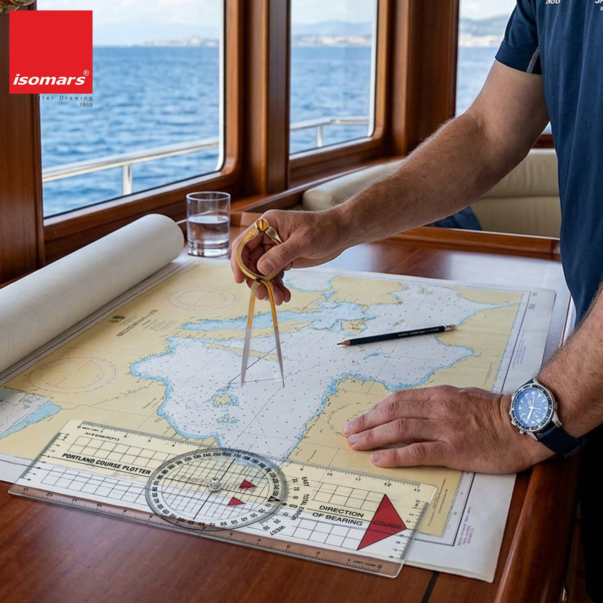 Isomars Marine navigation set with Portland course plotter and brass divider for accurate chart plotting and distance transfer - Isomars