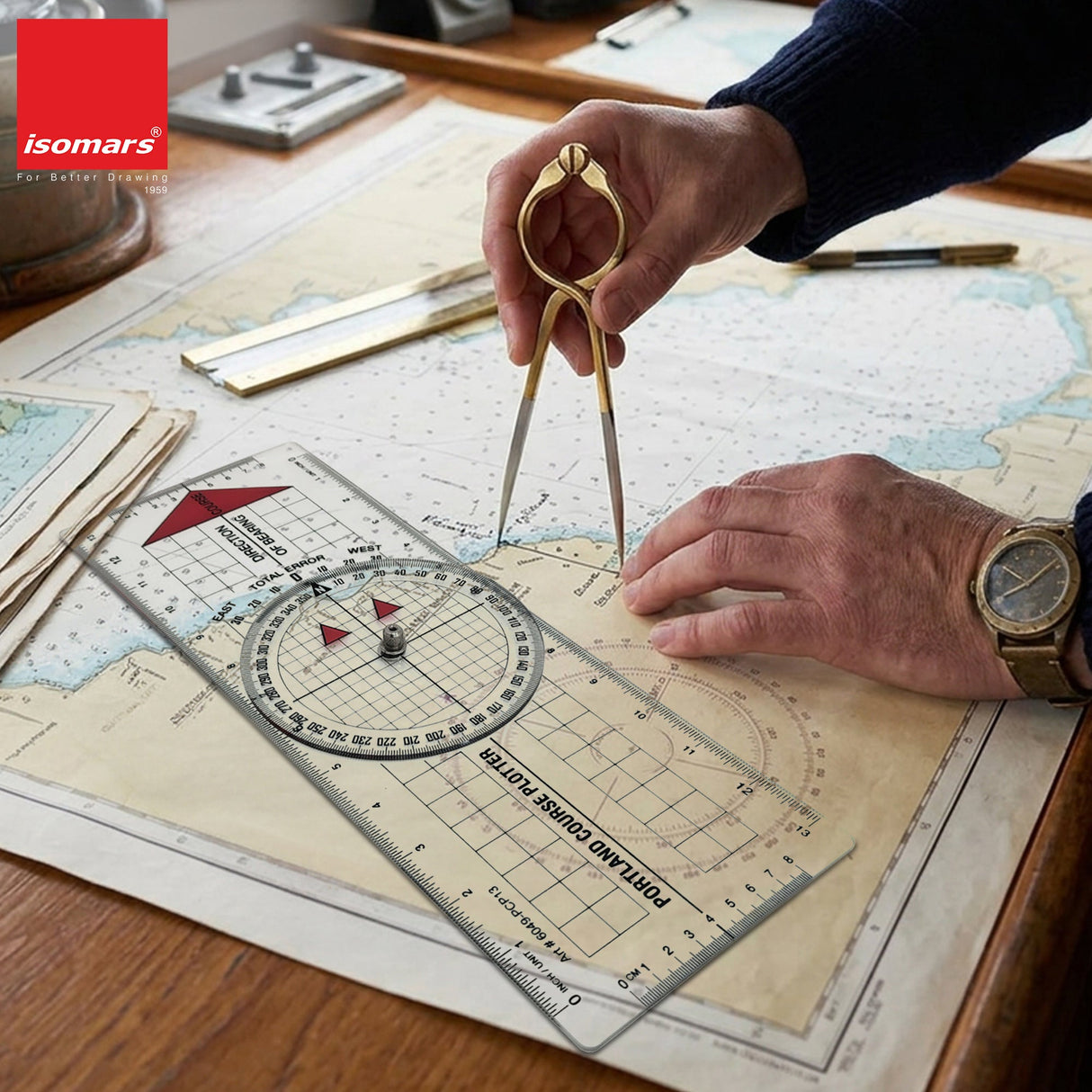 Isomars Marine navigation set with Portland course plotter and brass divider for accurate chart plotting and distance transfer - Isomars