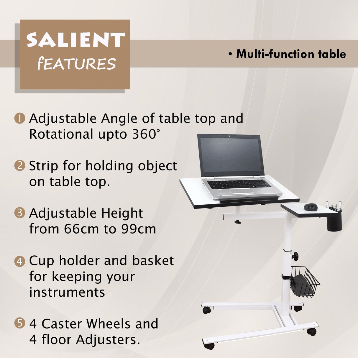 Isomars Metal 360° Rotatable Table Laptop Table Study Desk, Caster Lockable Wheels, & Height Adjustable for Breakfast Table, Work from Home & Online Classes - Isomars