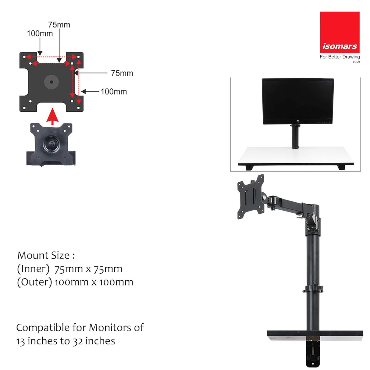 Isomars Monitor Mount Stand Single Screen - Adjustable Height & Angles - Isomars