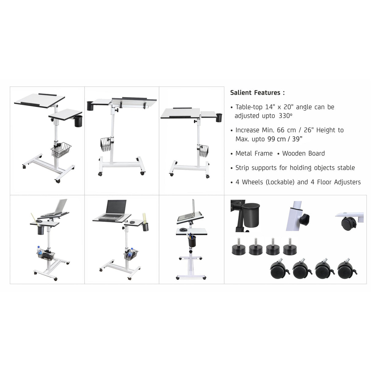 Isomars Multipurpose Laptop Table Study Desk, Caster Lockable Wheels, & Height Adjustable for Breakfast Table, Work from Home & Online Classes (White) - Isomars