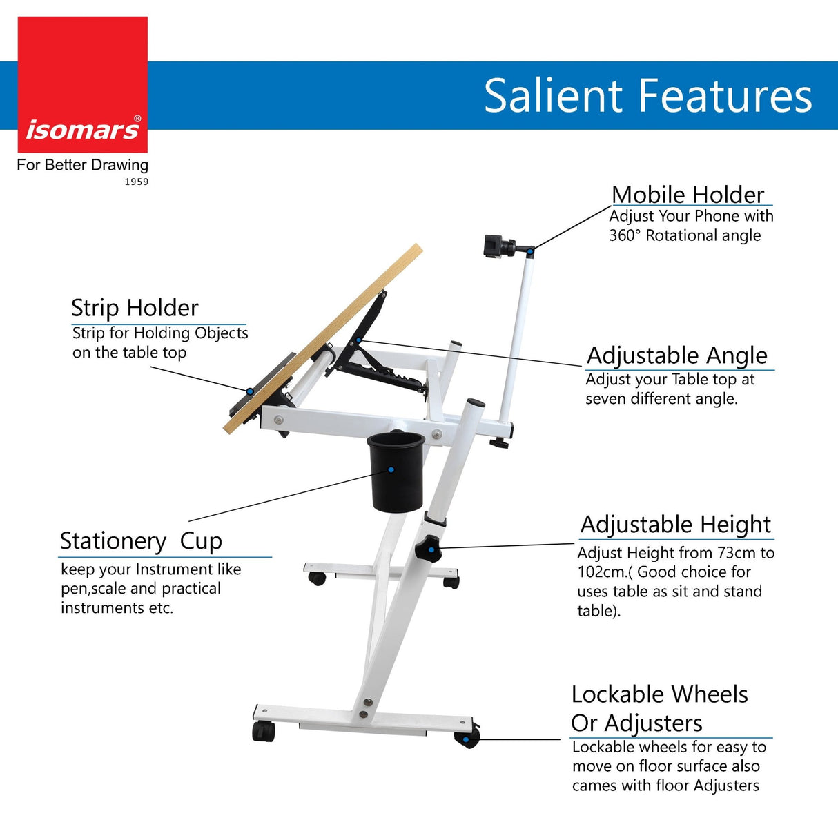 Isomars Multipurpose Laptop Table Study Desk Drawing Table, Caster Lockable Wheels, Adjustable Height and Angle for Work from Home, Office, Bedroom - Isomars