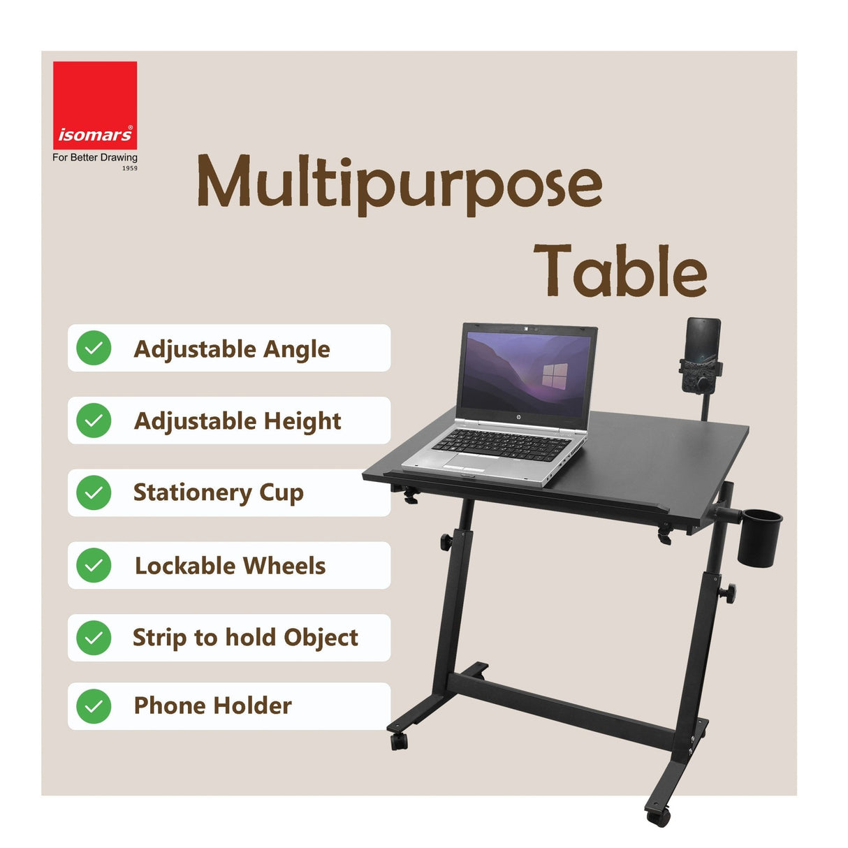 Isomars Multipurpose Laptop Table Study Desk Drawing Table, Caster Lockable Wheels, Adjustable Height and Angle for Work from Home, Office, Bedroom - Black (Alloy Steel) - Isomars