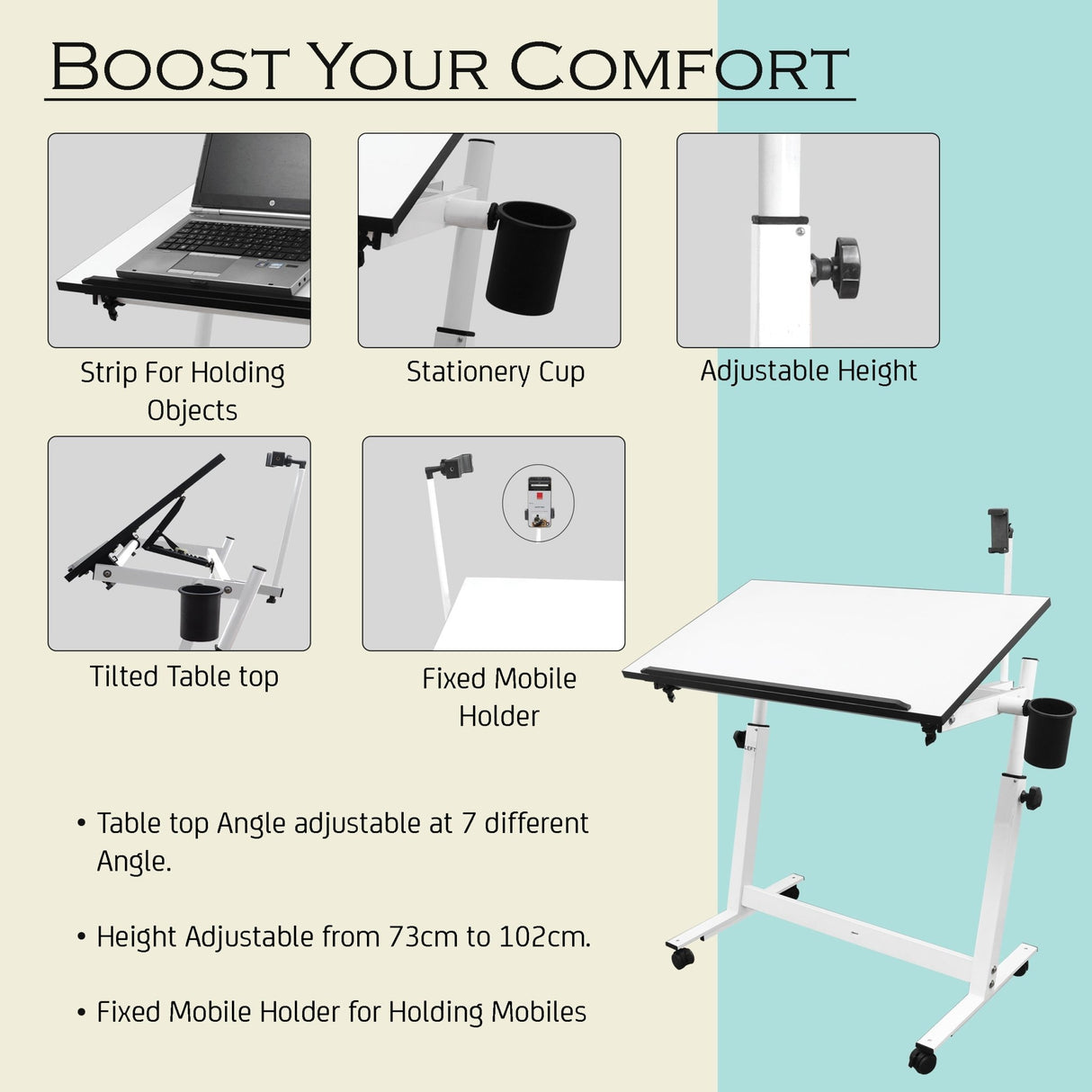Isomars Multipurpose Laptop Table Study Desk Drawing Table, Caster Lockable Wheels, Adjustable Height and Angle for Work from Home, Office, Bedroom - Black (Alloy Steel) - Isomars