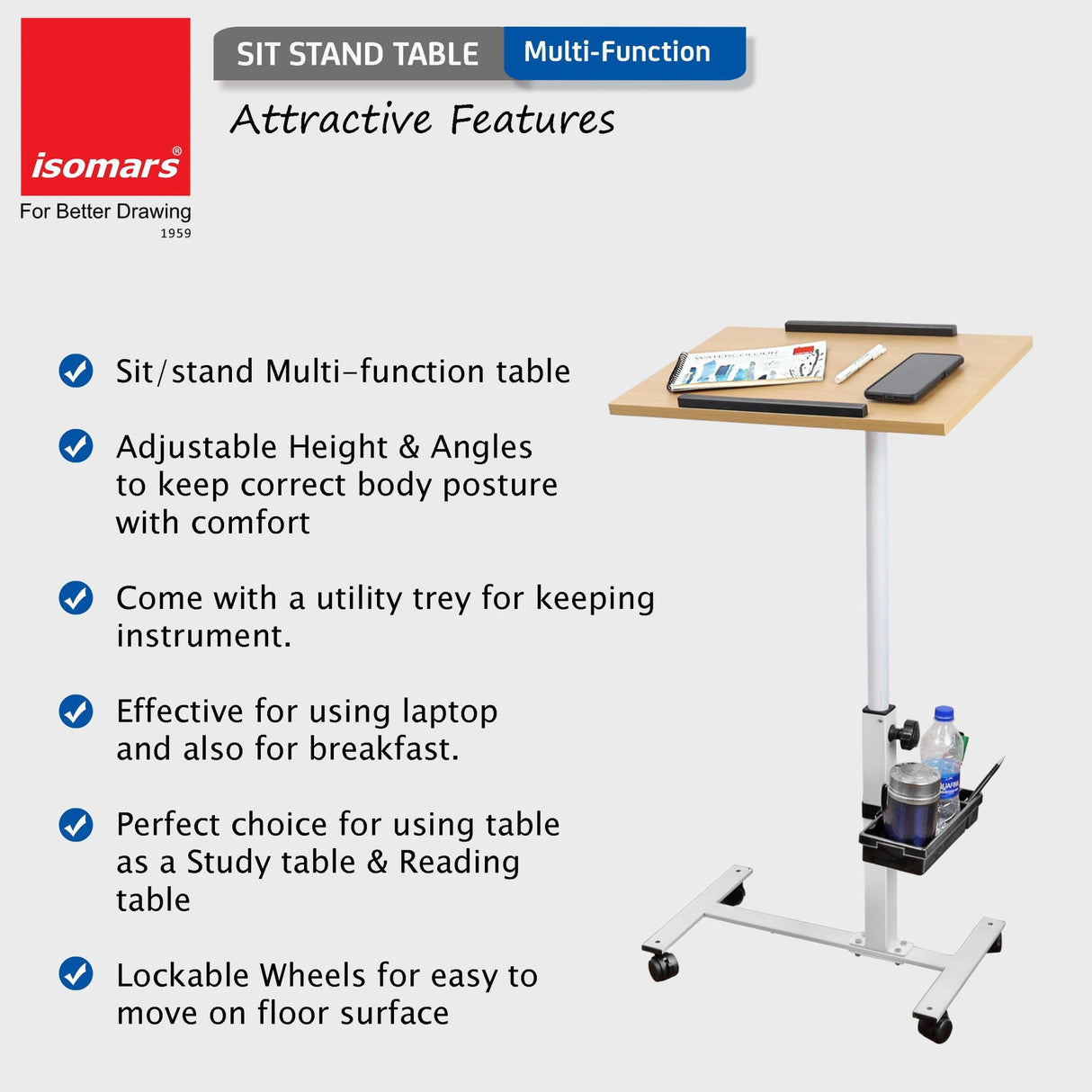 Isomars Multipurpose Laptop Table Study Desk, Lockable Wheels, & Adjustable Height and Angle for Breakfast Table, WFH & Online Classes (Wooden) - Isomars