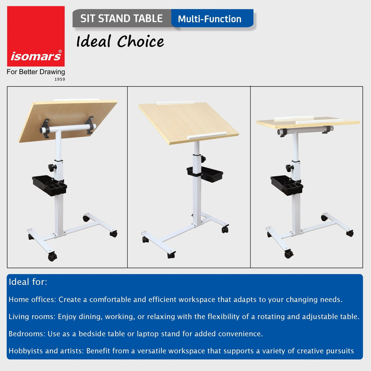 Isomars Multipurpose Laptop Table Study Desk, Lockable Wheels, & Adjustable Height and Angle for Breakfast Table, WFH & Online Classes (Wooden) - Isomars
