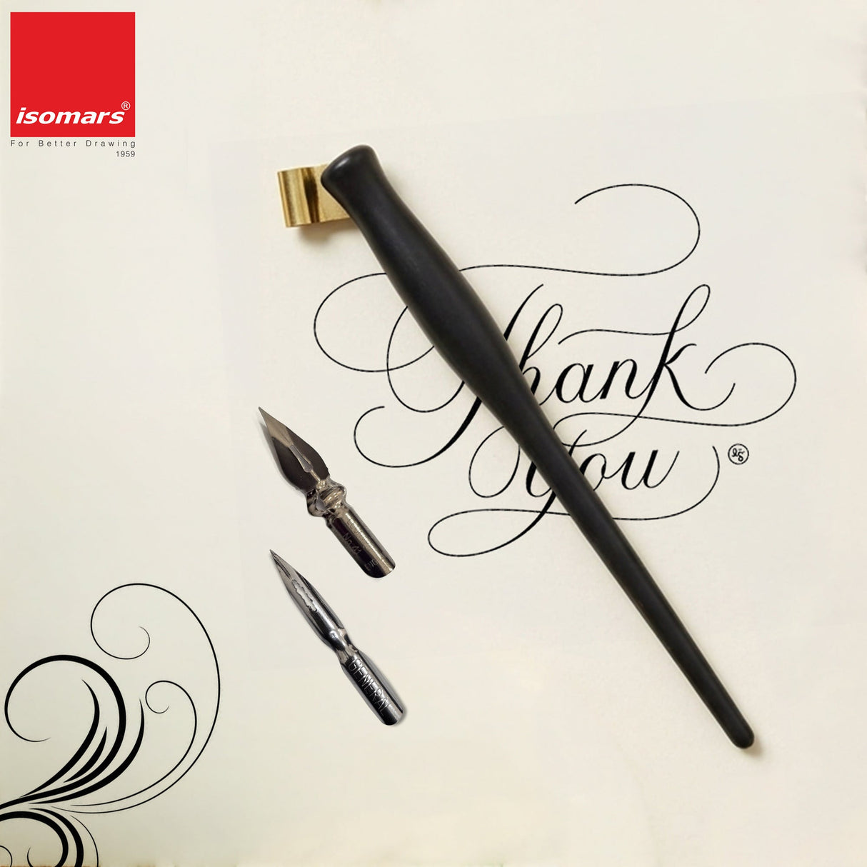 Isomars Oblique Calligraphy Holder with Brass Flange & 2 Professional Nibs for Copperplate and modern calligraphy - Isomars