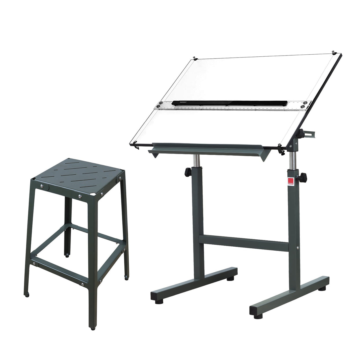 Isomars Olive Green Drawing Board Table - Scholar A1 White Laminated Board 25.5"x35" with Parallel Ruler and Drafting Olive Green Metal Stool Set | Complete Engineer, Draughtsman, Architects Set - Isomars