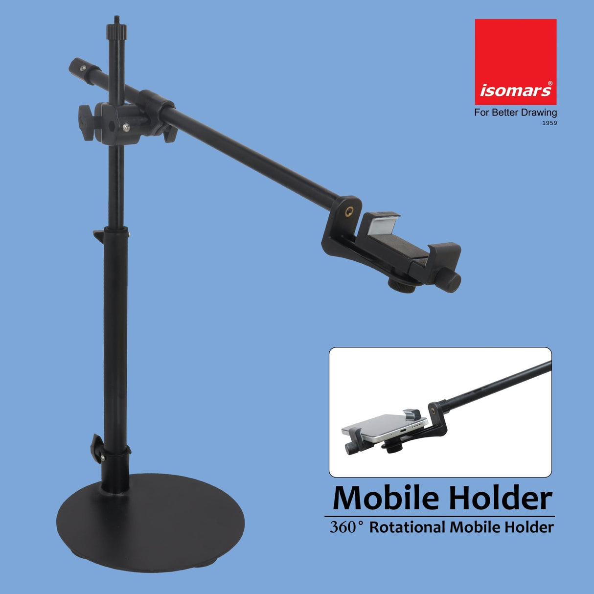 ISOMARS Overhead Mobile Photography Stand with Circular Base, 360° Adjustable Arm with Height Adjustment, Overhead Floor Mobile Stand for Photography, Videography from Overhead Position. - Isomars