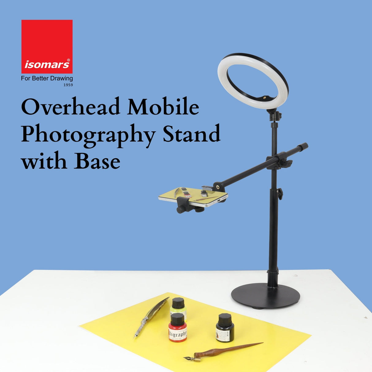 ISOMARS Overhead Mobile Photography Stand with Circular Base, 360° Adjustable Arm with Height Adjustment, Overhead Floor Mobile Stand for Photography, Videography from Overhead Position. - Isomars