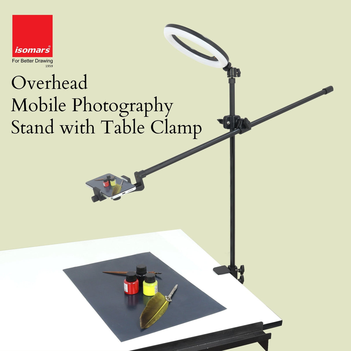 Isomars Overhead Mobile Stand for Photography & Videography, Table Holding clamp, 360°Adjustable Arm with Height Adjustment, Stand Height Adjustment top to Bottom, Overhead Photos of Products - Isomars