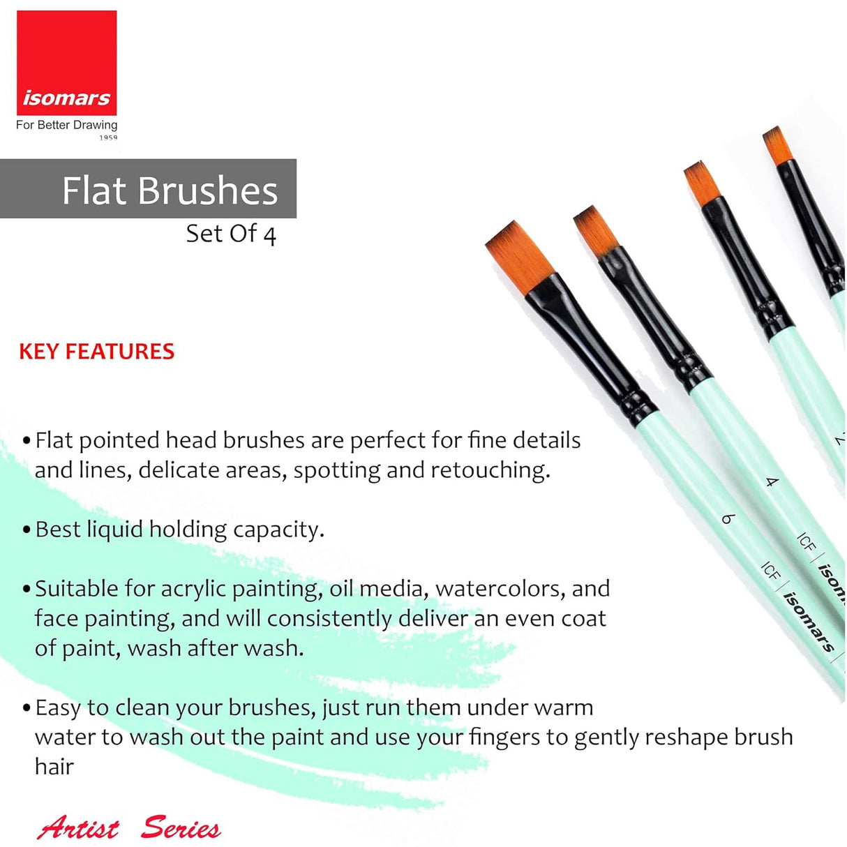 Isomars Paint Brushes Flat Brush Set of 4 | Professional Synthetic Art Brushes for Acrylic, Oil, Watercolor & Mixed Media Painting | Ideal for Artists, Students & Hobbyists - Isomars
