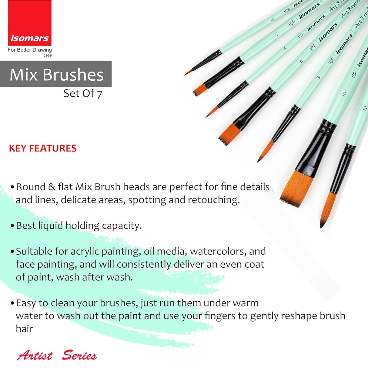 Isomars Paint Brushes Set of 7 Mixed Round & Flat Brushes | Premium Synthetic Artist Brush Combo for Acrylic, Oil, Watercolor & Mixed Media Painting | Ideal for Artists, Students & Hobbyists - Isomars