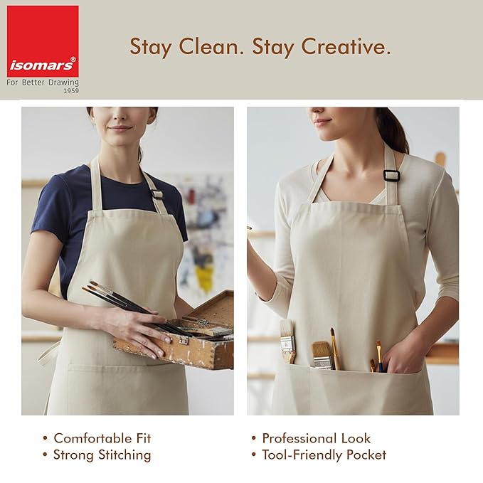 Isomars Painter’s Apron Grey Natural Canvas Art Apron with 3 Pockets | Full Coverage Protective Artist Apron for Painting, Pottery, Craft, DIY & Studio Work | Large 25.5 x 36.5 Inch - Isomars