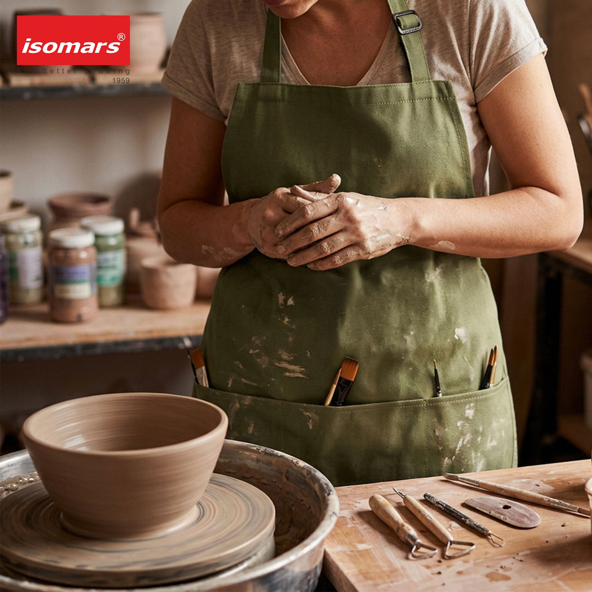 Isomars Painter’s Apron, Large, 10 oz Cotton Canvas, 3 Pockets, Green - Isomars