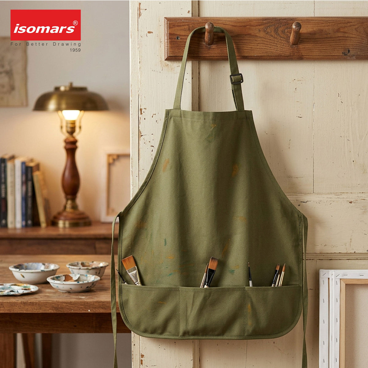 Isomars Painter’s Apron, Large, 10 oz Cotton Canvas, 3 Pockets, Green - Isomars