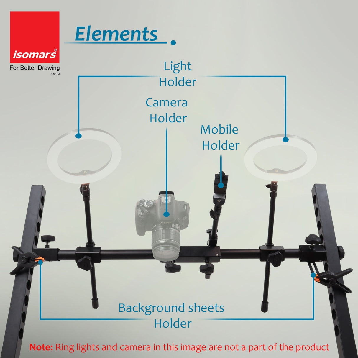 ISOMARS Photography Stand for Overhead Photos & Videos with Camera & Smartphone. Adjust at 10 Different Height. Two Light Holder and Bracket & Clips for Holding Background Sheets. - Isomars