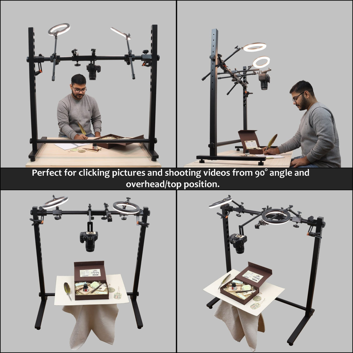 ISOMARS Photography Stand for Overhead Photos & Videos with Camera & Smartphone. Adjust at 10 Different Height. Two Light Holder and Bracket & Clips for Holding Background Sheets. - Isomars