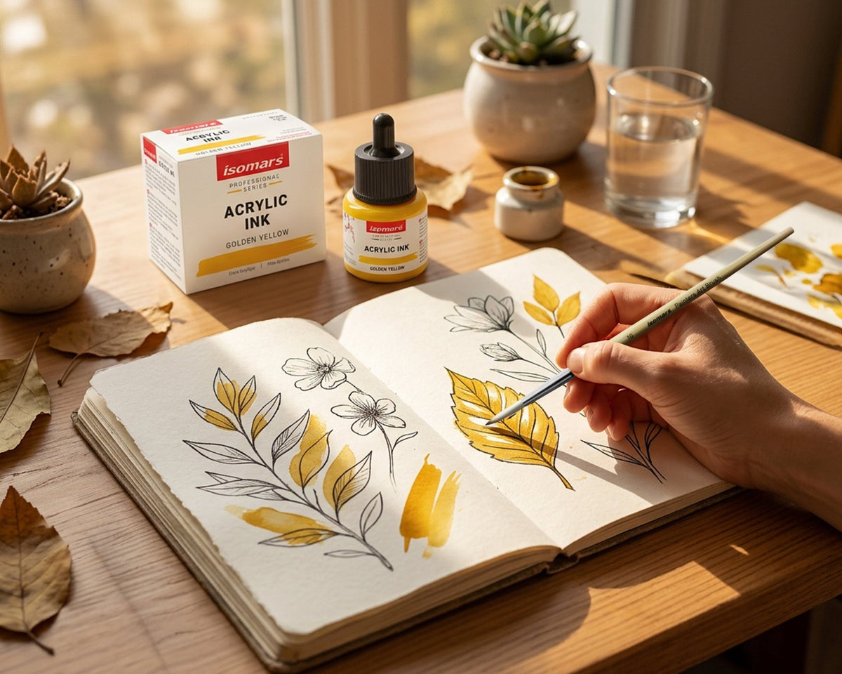 Isomars Professional Acrylic Ink Golden Yellow 35 ml, Waterproof Dropper - Isomars