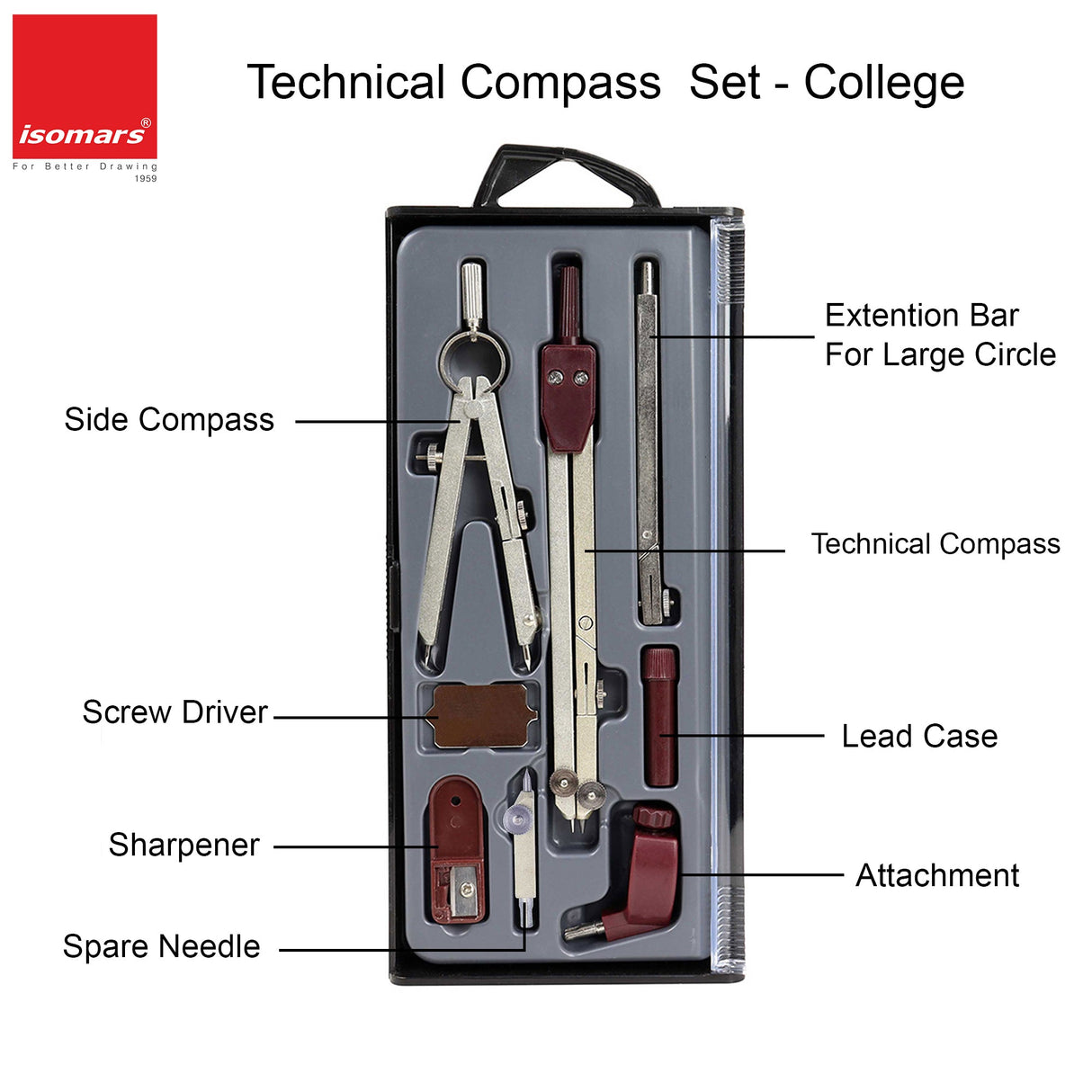 Isomars Professional Technical Drawing Drafting Compass Set of 8 | Precision Engineering & Architecture Geometry Instrument Kit with Divider, Extension Bar, Leads & Accessories - Isomars