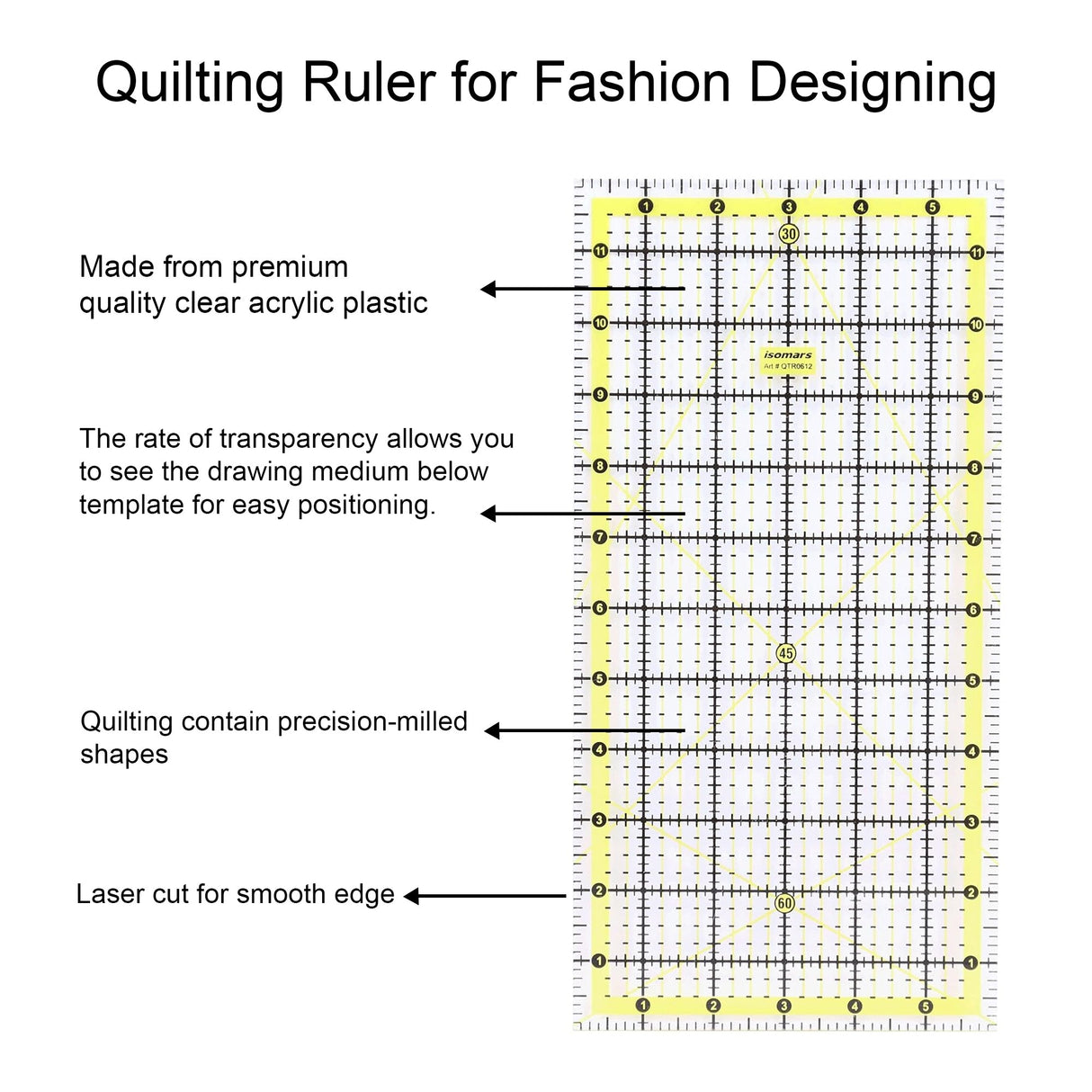 Isomars Quilting Ruler 6 x 12 Inch | Garment Patchwork Ruler - Isomars