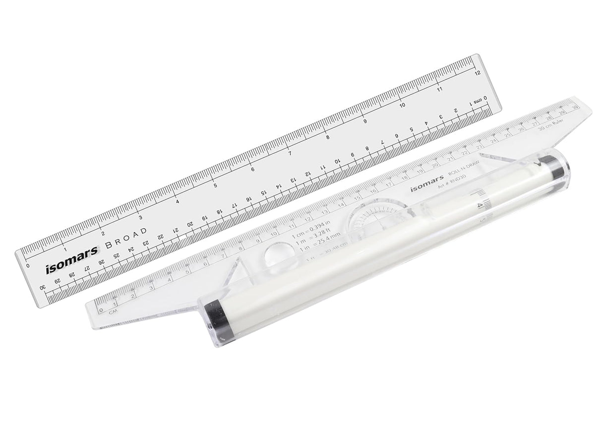 Isomars Rolling Ruler with 12 Inch Scale | Multifunction Drawing, Drafting, Geometry & Technical Design Ruler with Compass, Protractor, Circle & Angle Templates - Isomars