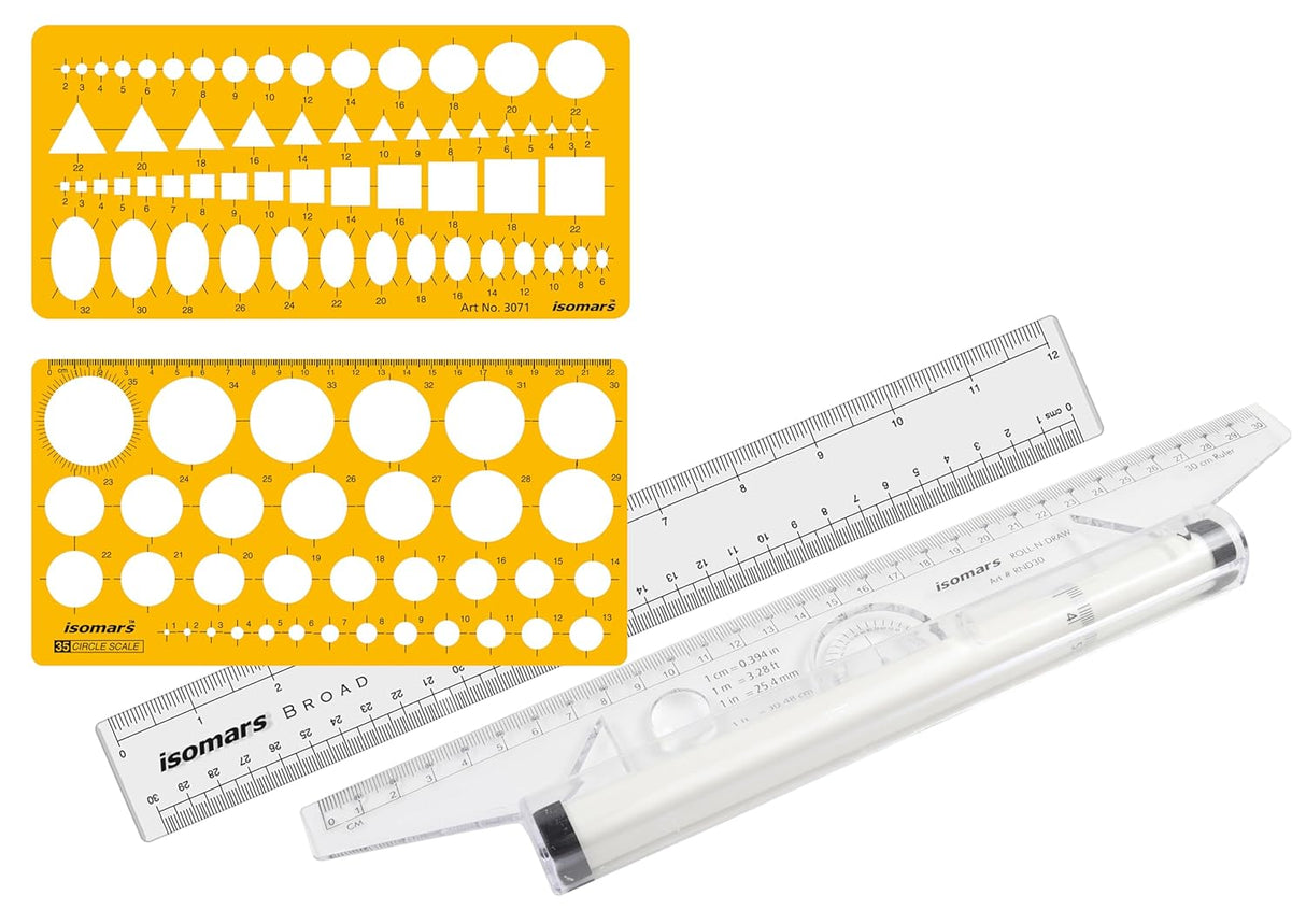 Isomars Rolling Ruler with Circle & Combination Drawing Drafting Template | Multifunction Geometry Drafting Scale Set for Technical Design, Architecture & Engineering - Isomars