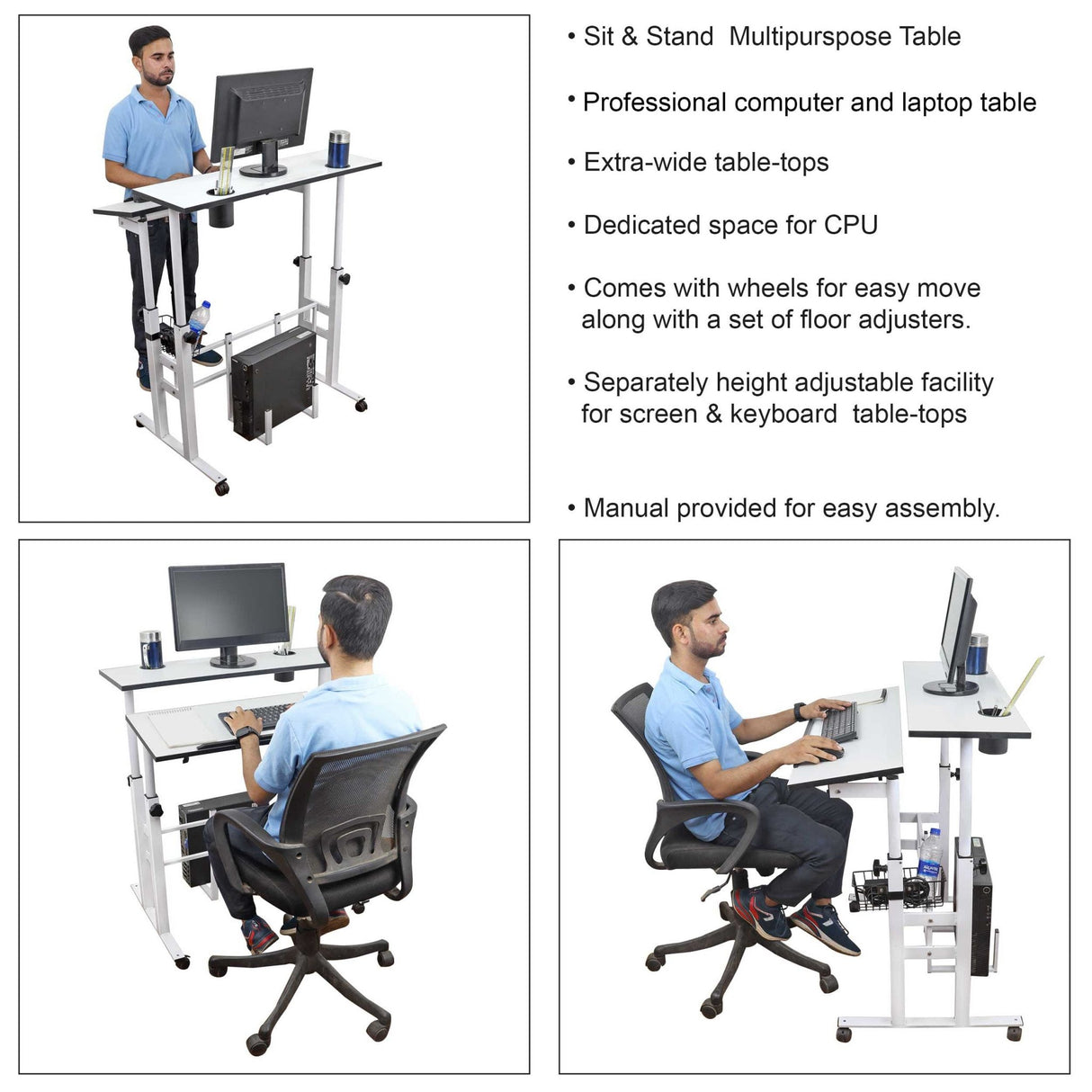 Isomars Sit/Stand Multipurpose Adjustable Table Professional Computer Workstation Extra Long Table top Dedicated Space for CPU Comes with Wheels & Floor Adjusters(36" X 12"/92cm X 30CM Wide White) - Isomars