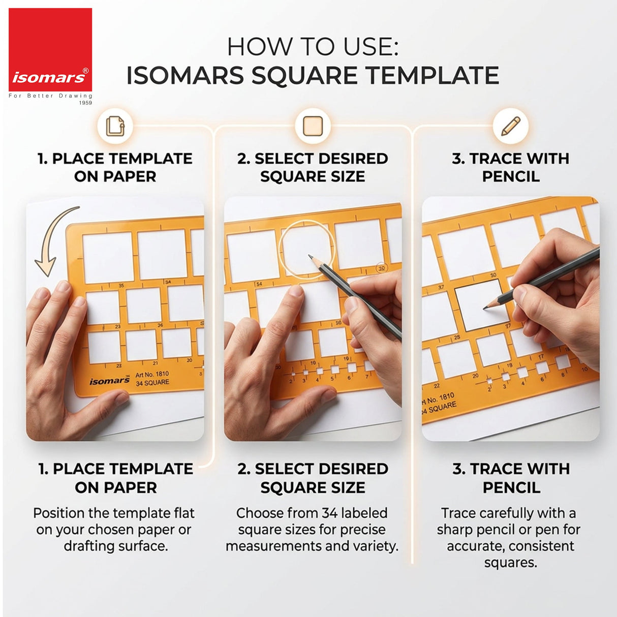 Isomars Square Template Drawing Stencil | Precision Geometric Square Drafting Template with 34 Square Sizes | Technical Drawing Tool for Architects, Engineers, Designers, Artists & Students - Isomars