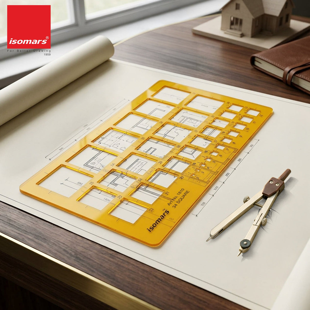 Isomars Square Template Drawing Stencil | Precision Geometric Square Drafting Template with 34 Square Sizes | Technical Drawing Tool for Architects, Engineers, Designers, Artists & Students - Isomars