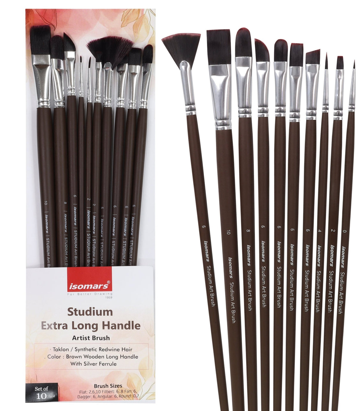 Isomars Studium Extra Long Handle Artist Paint Brush Set of 10 for Acrylic, Oil & Mixed Media Painting - Isomars