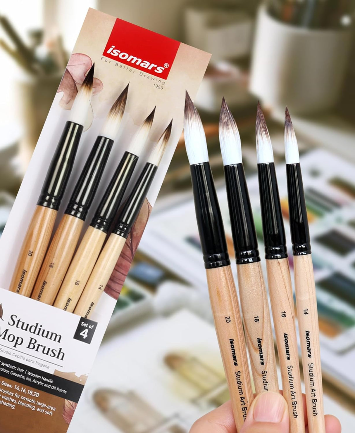 Isomars Studium Mop Brush Set of 4 - Professional Synthetic Hair Round Paint Brushes for Watercolor, Gouache, Acrylic, Ink & Oil Painting - Natural Wooden Handle Art Brushes (Sizes 14, 16, 18, 20) - Isomars