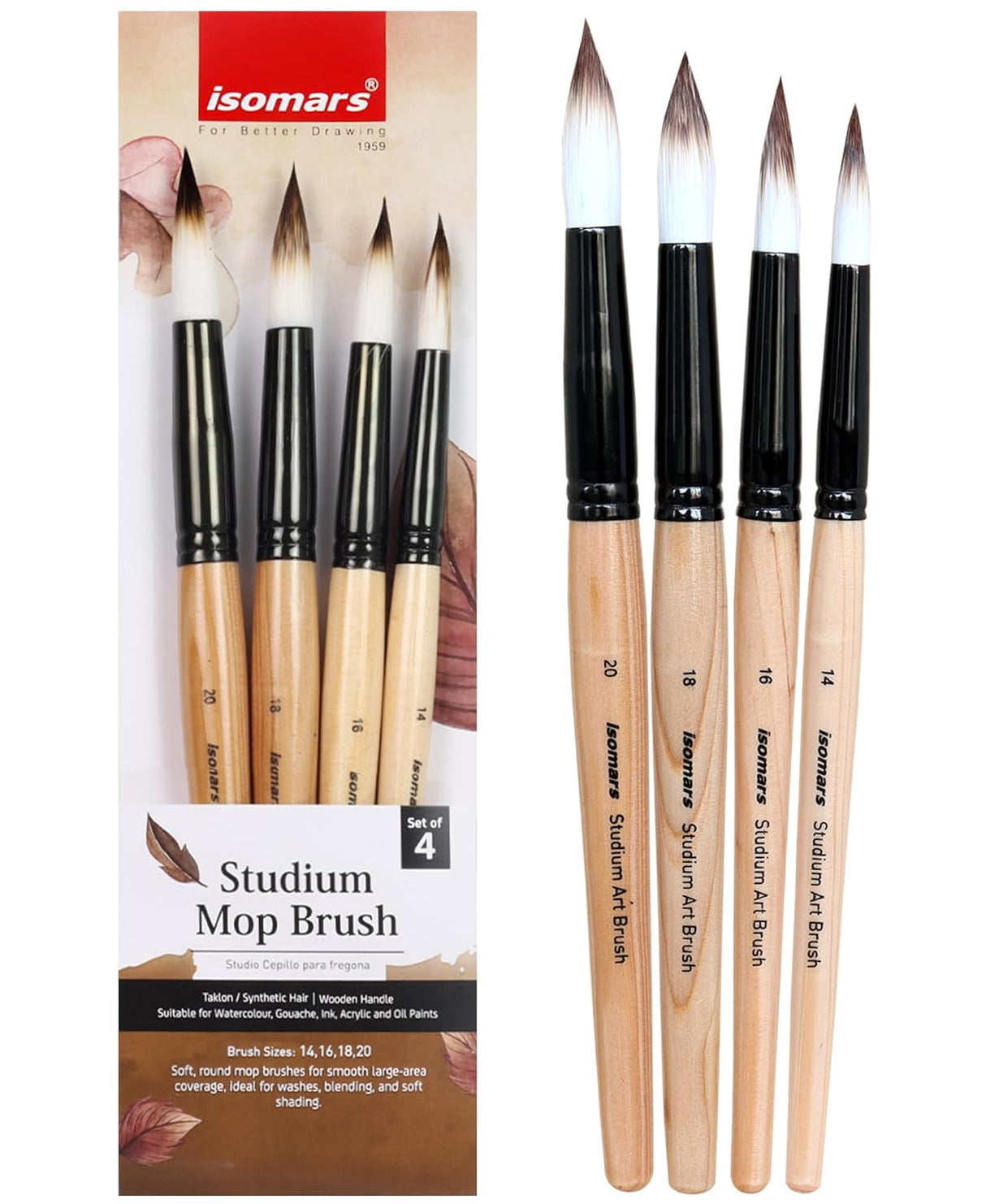 Isomars Studium Mop Brush Set of 4 - Professional Synthetic Hair Round Paint Brushes for Watercolor, Gouache, Acrylic, Ink & Oil Painting - Natural Wooden Handle Art Brushes (Sizes 14, 16, 18, 20) - Isomars