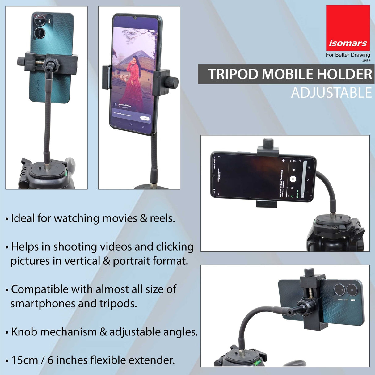 Isomars Tripod Mobile Holder Adjustable- for Smartphones & iPhones with 360° Rotational Working Angles (6 Inches (Knob Style)) - Isomars