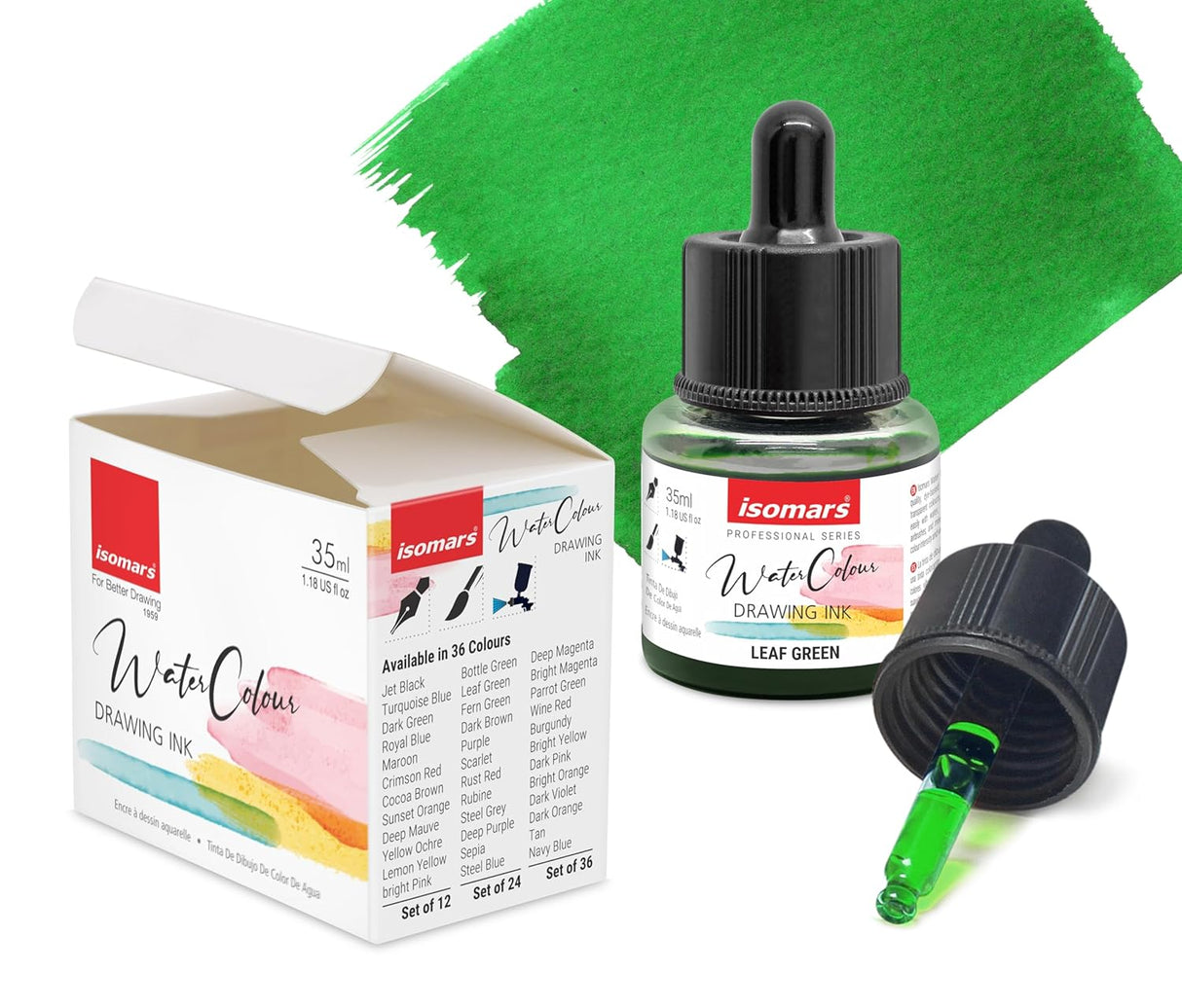 Isomars Water Color Ink Set of 12 Vibrant Professional Liquid Watercolors (35ml Bottles) with Droppers - Transparent Inks for Calligraphy, Illustration, Airbrushing & Painting - Isomars