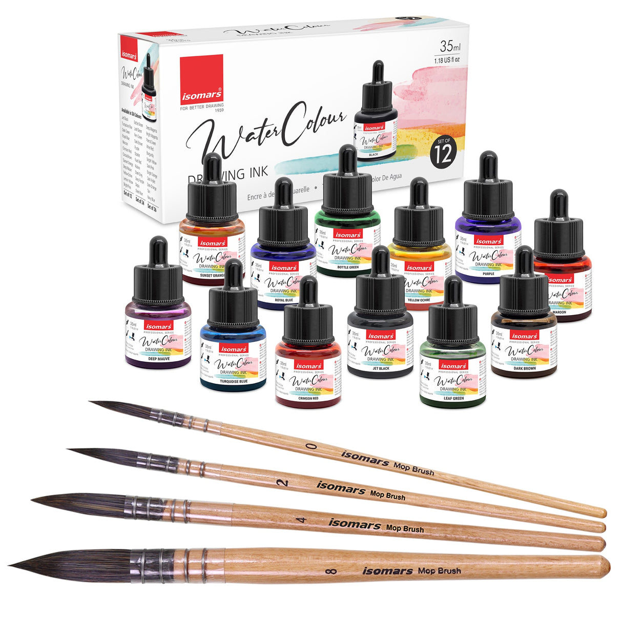 Isomars Watercolour Drawing Ink Set of 12 (35ml Each) with Mop Brush Set of 4 | Vibrant Liquid Watercolor Inks for Calligraphy, Illustration, Airbrush, Painting & Mixed Media Art - Isomars