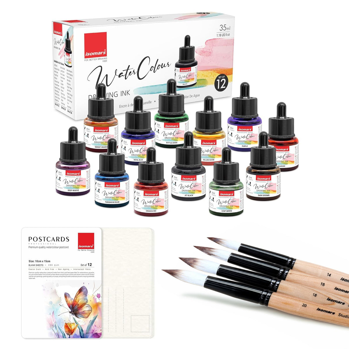 Isomars Watercolour Drawing Ink Set of 12 (35ml Each) with Mop Brush Set of 4 & Watercolor Postcards Set of 12 Sheets | Professional Liquid Watercolors for Painting, Calligraphy & Illustration - Isomars