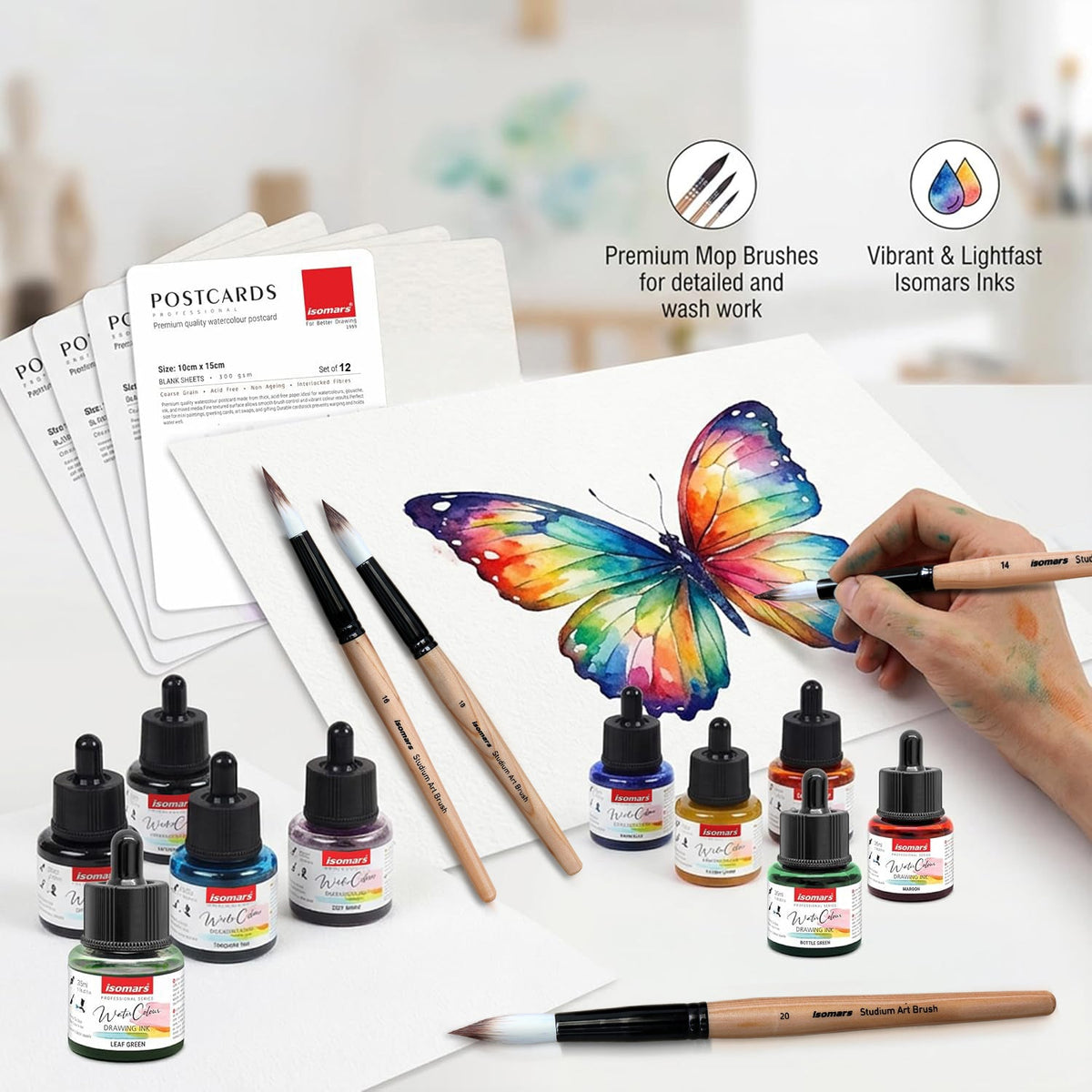 Isomars Watercolour Drawing Ink Set of 12 (35ml Each) with Mop Brush Set of 4 & Watercolor Postcards Set of 12 Sheets | Professional Liquid Watercolors for Painting, Calligraphy & Illustration - Isomars