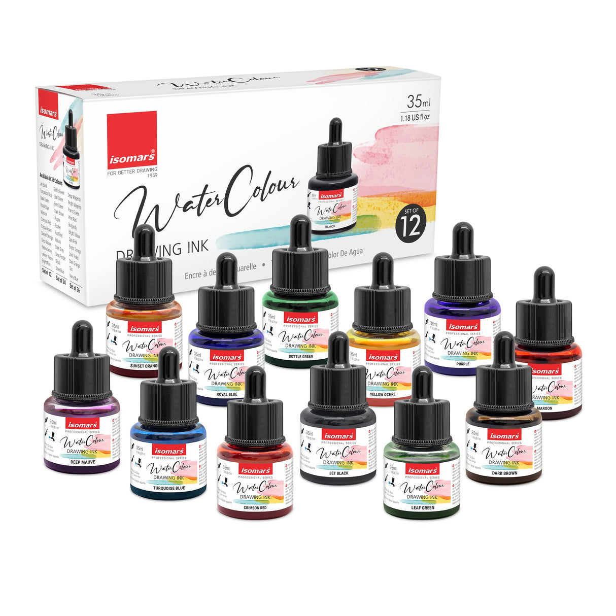 Isomars Watercolour Drawing Ink Set of 12 (35ml Each) with Mop Brush Set of 4 & Watercolor Postcards Set of 6 Sheets | Professional Liquid Watercolors for Painting, Calligraphy & Illustration - Isomars