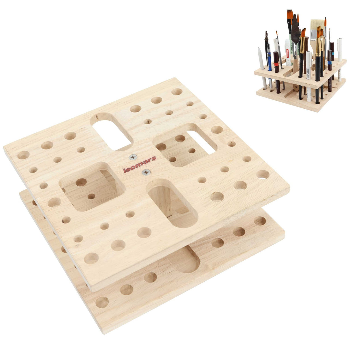 Isomars Wooden Art Tools Brush Stand - Square Brush Organiser for all kind of paint brush handles and other drawing instruments (WITHOUT BRUSHES) - Isomars