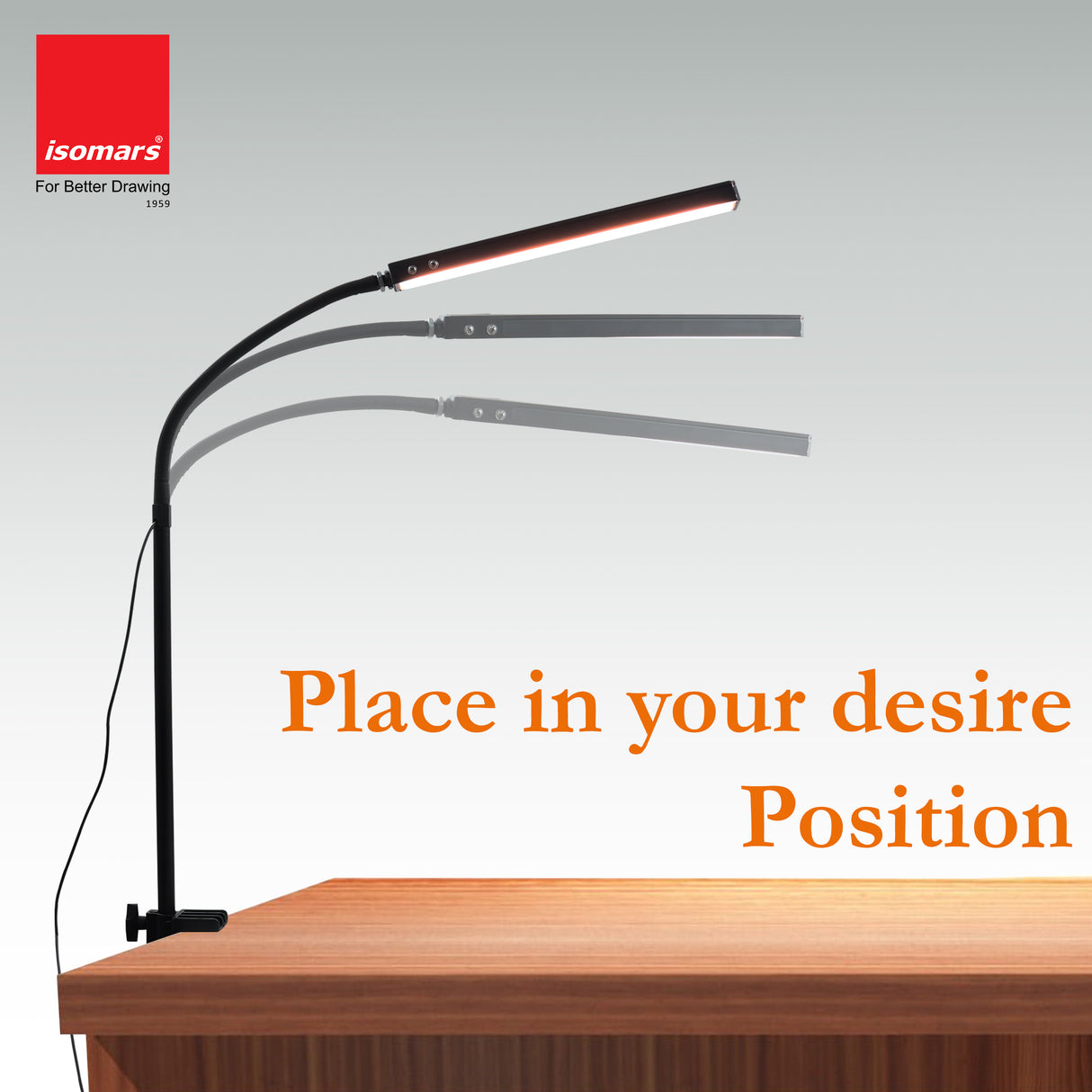 Isomars Desktop Table lamp, Overhead LED Desk Lamp Light, Table Holding clamp, Study, Computer lamp, 12" Light bar Flexible Gooseneck, 3 Color Mode, for Desktop, Bedroom, Office, Reading, etc